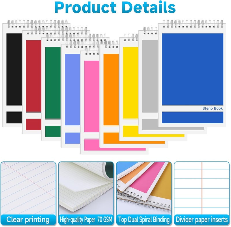 UZLU 24 Pack Steno Pads 6x9 Spiral Notebooks Bulk 12 Assorted Colors Note Pads 60 Sheets Gregg Rule Writing Paper, Steno Notebooks for Students Teachers Men Women Professionals Office School Recording - Image 2